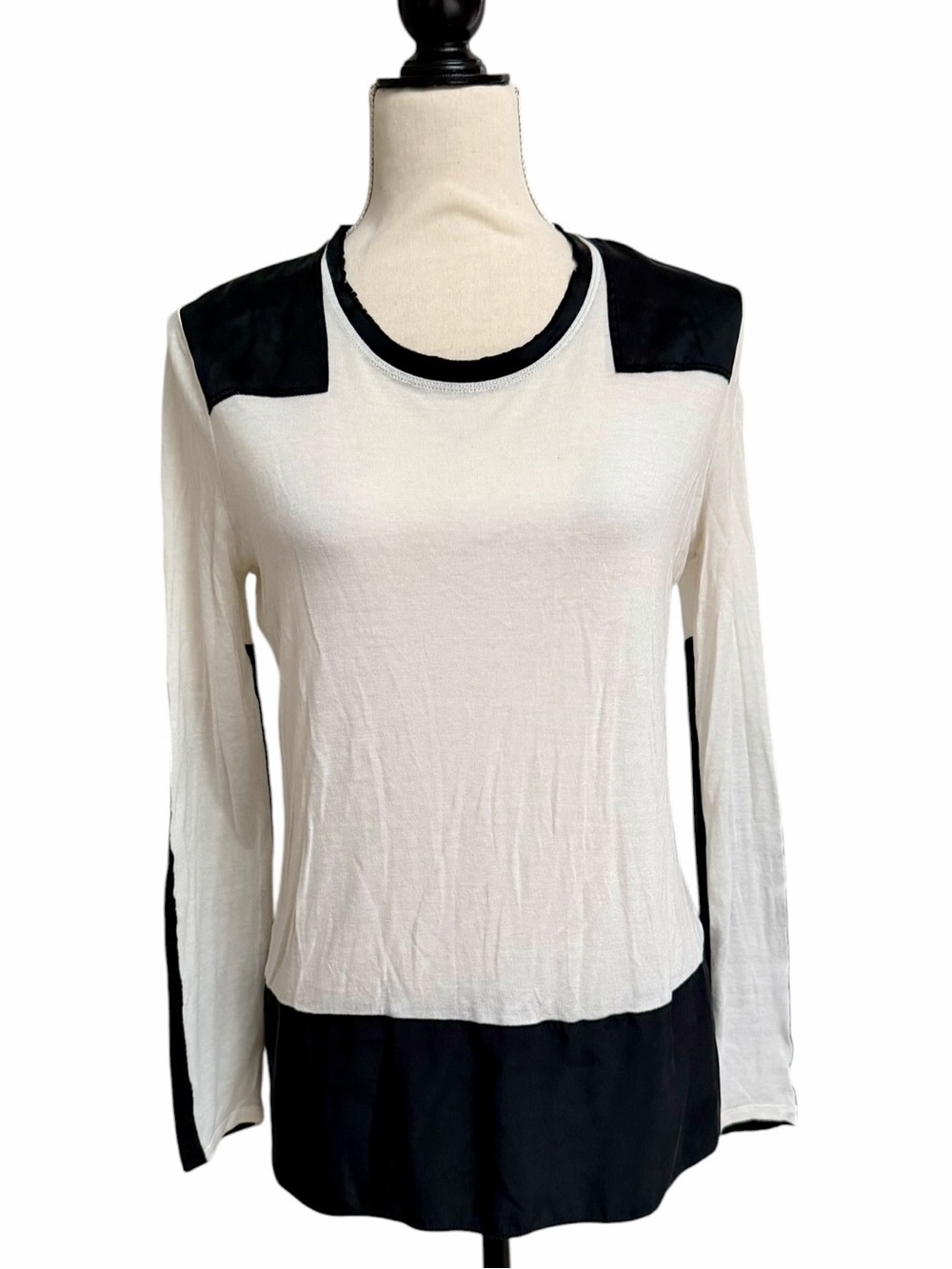 Rag & Bone Silk Trim Colorblock Long Sleeve Top Small Ivory Black
